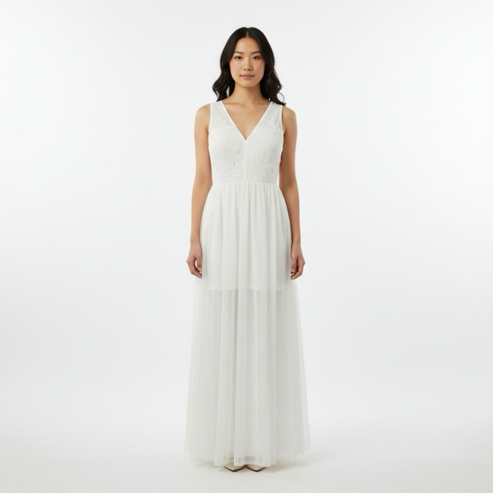 Vintage White Embellished Sheer‎ Overlay Sleeveless Maxi Dress Lace Top size M